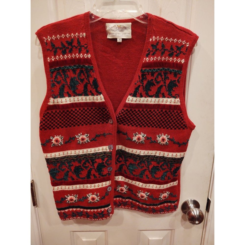 VTG Susan Bristol Vest Womens M Red Embroidered Floral Sweater Mother of Pearl